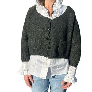 Vintage Susie Tompkins | Wool Cardigan Gray Thick Knit 3/4 Sleeve Cropped M